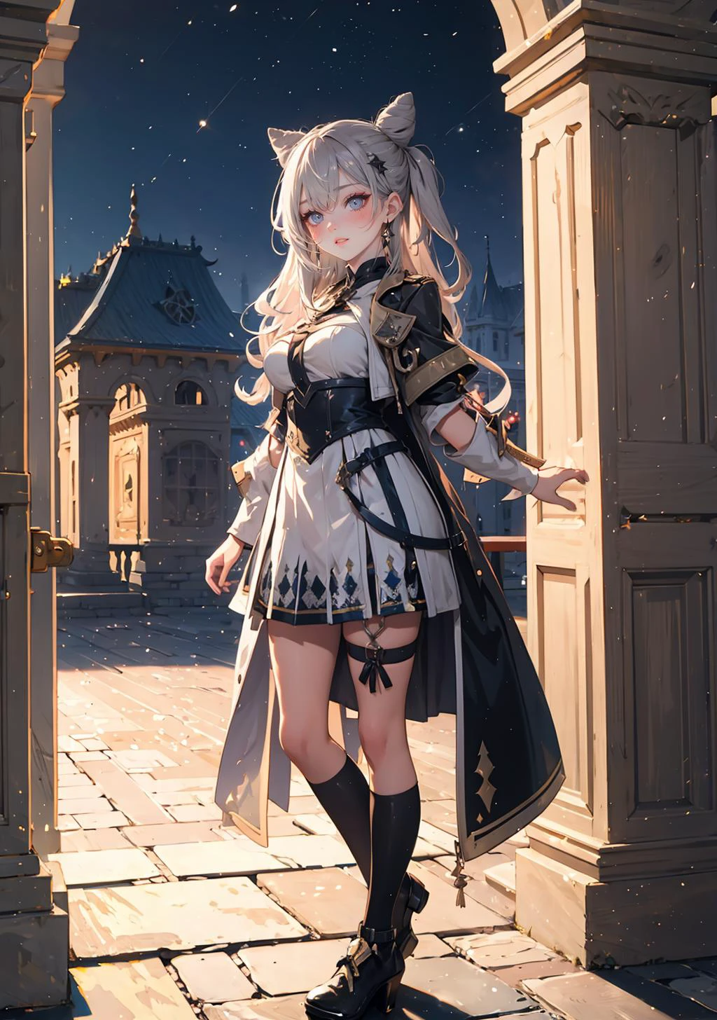 (masterpiece,best quality:1.4), high resolution, Front face lighting
xray girl, full body, little body, cute woman, highlight, fantasy scenery,
full-face blush heavy breathing
shiny skin, shiny hair, large breasts,
vestiadef, braid, cone hair bun, jacket, white dress, single thighhigh, earrings
indoors, palace, night, architecture, flag, arch, pillar,
<lora:light powder:0.7>
<lora:hololive_zeta_v2:0.5>