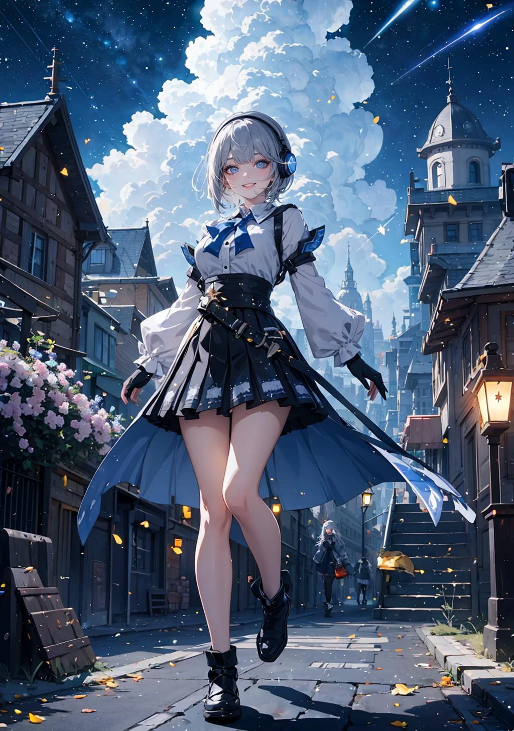 (masterpiece,best quality:1.4), high resolution, Front face lighting
xray girl, full body, little body, cute woman, highlight, fantasy scenery,
smile,
shiny skin, shiny hair, large breasts,
vestia3rd, headphones, white shirt, blue bow, long sleeves, fingerless gloves, black skirt
outdoors, fantasy scenery, sky, cloud, light particles, star (sky), building, tree, glowing, starry sky, city, night,
<lora:light powder:0.7>
<lora:hololive_zeta_v2:0.5>