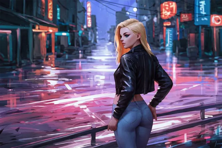 Picture Kaley Cuoco in a cyberpunk cityscape, surrounded by neon lights and futuristic elements, with cybernetic enhancements and a gritty urban atmosphere inspired by Daniel Liang's cyberpunk art.