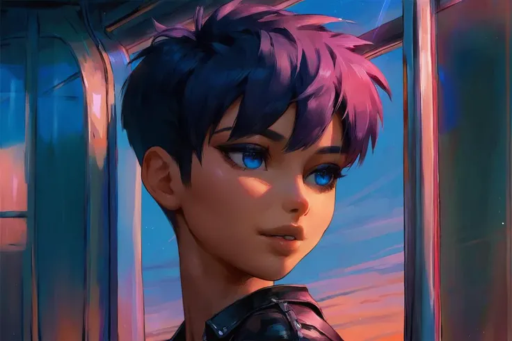 score_9, score_8_up, score_7_up, realistic oil paint artwork,  1girl,  street wear, leather jacket,  upper body,  black punk hair, blue eyes, solo,  detailed eyes,score_9, score_8_up, score_7_up,1girl, water color, 1girl, short black hair, leather, close up, on a train, looking out the window, beautiful sunset,vally, sky scrapers, Alena Aenami style,moody, <lora:Alena Aenami style_pxl_2:.8> <lora:Eve_Gilles_for_pony:1>