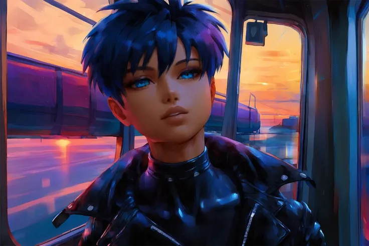 score_9, score_8_up, score_7_up, realistic oil paint artwork,  1girl,  street wear, leather jacket,  upper body,  black punk hair, blue eyes, solo,  detailed eyes,score_9, score_8_up, score_7_up,1girl, water color, 1girl, short black hair, leather, close up, on a train, looking out the window, beautiful sunset,vally, sky scrapers, Alena Aenami style,moody, <lora:Alena Aenami style_pxl_2:.8> <lora:Eve_Gilles_for_pony:1>