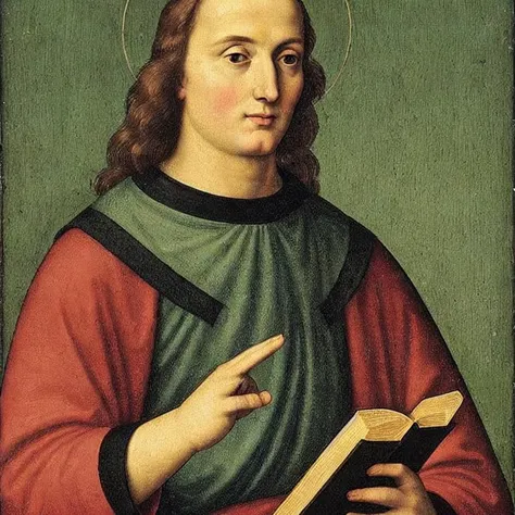 <lora:Raphael_HighRenaissance_VII:0.5>, saint_raphael_vii, portrait, manastery, holding book