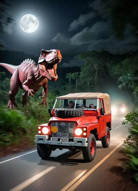 dinosaur chasing a red lghtwght land rover with a scared driver, high speed chase in the jungle, at night, lights, full moon, cinematic, dramatic light, in motion, motion blur,
<lora:Lightweight_Land_Rover_SDXL:0.7>