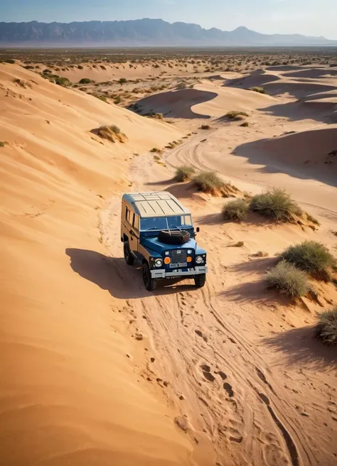 scenic landscape, rough terrain, bird's eye view, group of colorful lghtwght land rover on a small path, sunshine, cinematic, dramatic light, desert with sand dunes,
<lora:Lightweight_Land_Rover_SDXL:0.7>