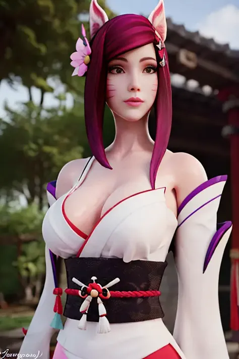 (realistic:1.5), brown eyes, xyzahri, ahri, 1girl, absurdres, ahri_\(league_of_legends\), pink_hair, pink animal ears, bare_shoulders, whisker_markings , white_kimono, hair_ornament, japanese_clothes, kimono sleeves, long_hair, looking_at_viewer, cherry blossoms, sakura blossoms, japanese shinto, solo, bare neck, cleavage, big breasts, <lora:Ahri:1>