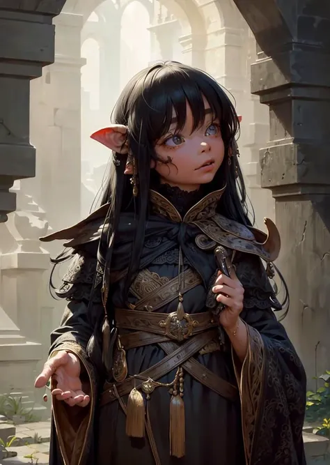 <lora:gelflingmacho:1>,most beautiful artwork in the world, gelfling,black hair long, realistic, intricate detail, nostalgia, Intricate, High Detail, Sharp focus, dramatic,