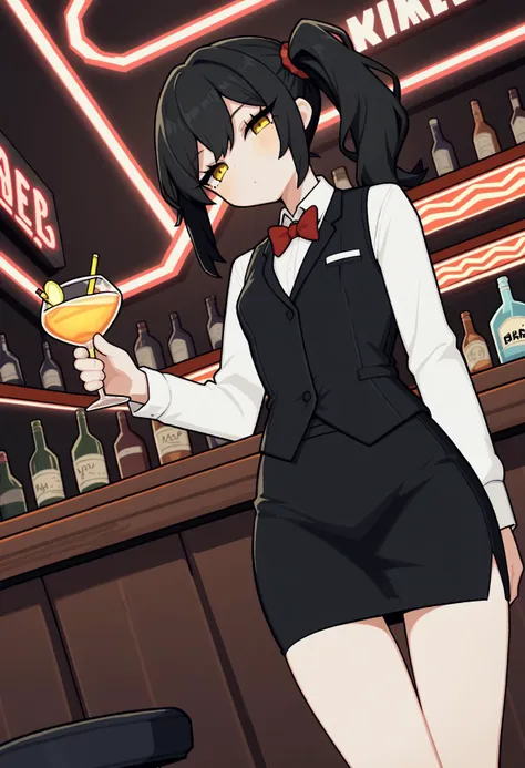 score_9, score_8_up, score_7_up, score_6_up, source_anime, BREAK dutch angle, indoors, bar \(place\), counter, drinking glass, neon lights, 1girl, black hair, yellow eyes, side ponytail, collared shirt, white shirt, long sleeves, black vest, small breasts, red bowtie, pencil skirt, black skirt, standing, arm support, <lora:Bori-PDXL-v3:1>