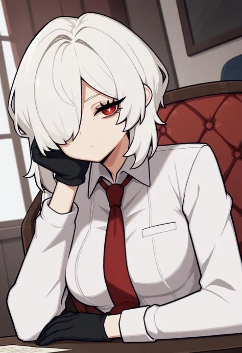 score_9, score_8_up, score_7_up, score_6_up, source_anime, BREAK dutch angle, upper body, indoors, table, 1girl, white hair, medium hair, hair over one eye, red eyes, white pupils, (bags under eyes:0.8), collared shirt, white shirt, long sleeves, red necktie, medium breasts, half gloves, chair, sitting, head rest, head on arm, looking at viewer, expressionless, <lora:Bori-PDXL-v3:1.1>