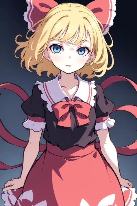 <lora:kamepan44231_v0.2:1>
1girl, solo, looking at viewer, short hair, blue eyes, skirt, blonde hair, simple background, shirt, white background, bow, ribbon, hair ribbon, short sleeves, frills, puffy sleeves, collared shirt, bowtie, red bow, red ribbon, puffy short sleeves, black shirt, red skirt, wavy hair, ribbon trim, red bowtie, one-hour drawing challenge, frilled shirt collar, masterpiece, best quality, highly detailed