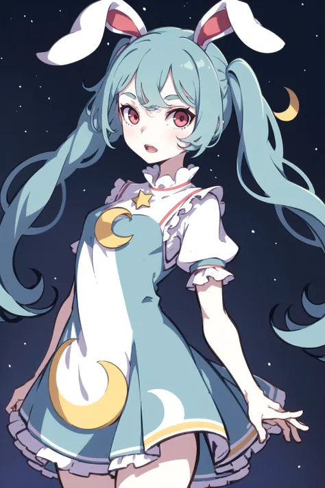 <lora:kamepan44231_v0.2:1> 
1girl, solo, long hair, looking at viewer, open mouth, simple background, red eyes, white background, dress, animal ears, twintails, blue hair, short sleeves, cowboy shot, frills, puffy sleeves, star (symbol), rabbit ears, puffy short sleeves, blue dress, low twintails, crescent, one-hour drawing challenge, star print, earclip, crescent print, masterpiece, best quality, highly detailed