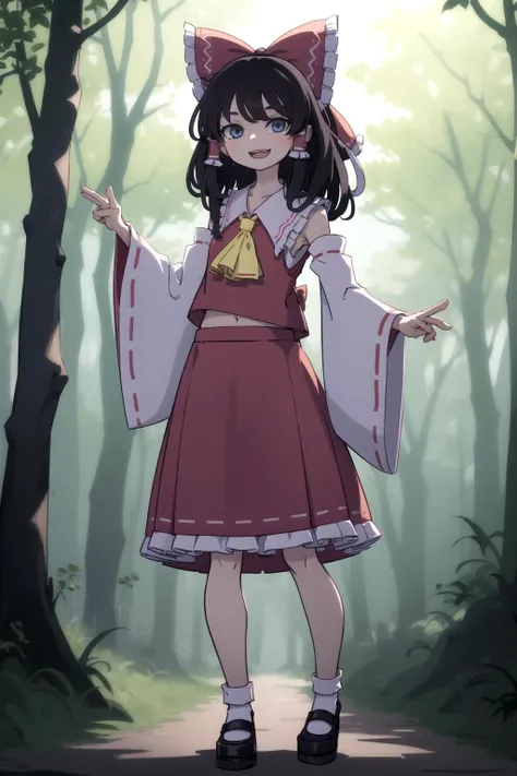 <lora:kamepan44231_v0.2:1>
1girl, solo, long hair, looking at viewer, smile, open mouth, bangs, blue eyes, skirt, shirt, black hair, hair ornament, bow, standing, full body, hair bow, outdoors, frills, detached sleeves, shoes, sleeveless, socks, wide sleeves, black footwear, red bow, ascot, sleeveless shirt, v, :3, red skirt, hair tubes, frilled skirt, white socks, red shirt, ribbon trim, skirt set, mary janes, forest, nontraditional miko, ribbon-trimmed sleeves, frilled shirt collar, sarashi, yellow ascot, red vest, w, frilled bow, frilled hair tubes, hakurei reimu (cosplay), masterpiece, best quality, highly detailed