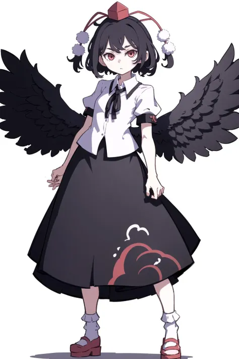 <lora:kamepan44231_v0.2:1>
1girl, solo, looking at viewer, short hair, skirt, simple background, shirt, black hair, red eyes, hat, white background, ribbon, standing, full body, white shirt, short sleeves, frills, wings, socks, puffy sleeves, collared shirt, black skirt, puffy short sleeves, black ribbon, neck ribbon, frilled skirt, white socks, red footwear, tokin hat, feathered wings, red headwear, pom pom (clothes), black wings, geta, bird wings, tengu-geta, masterpiece, best quality, highly detailed