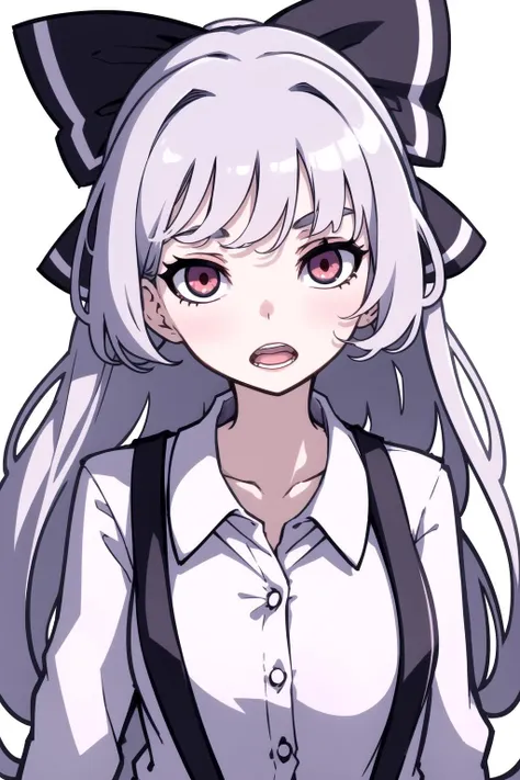 <lora:kamepan44231_v0.2:1>
1girl, solo, long hair, looking at viewer, open mouth, bangs, simple background, shirt, red eyes, long sleeves, white background, bow, collarbone, white shirt, upper body, white hair, hair bow, grey hair, collared shirt, buttons, suspenders, white bow, one-hour drawing challenge, masterpiece, best quality, highly detailed