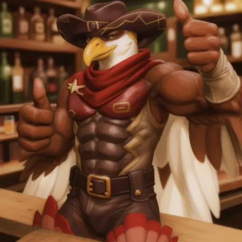 thunderbird(tas), male focus, solo, hat, cowboy hat, navel, scarf, belt, covered abs, pose, smile, thumbs up, bar, [[by chunie:by tojo the thief:0.5]:photorealistic:0.3] <lora:thunderbird-06:1>