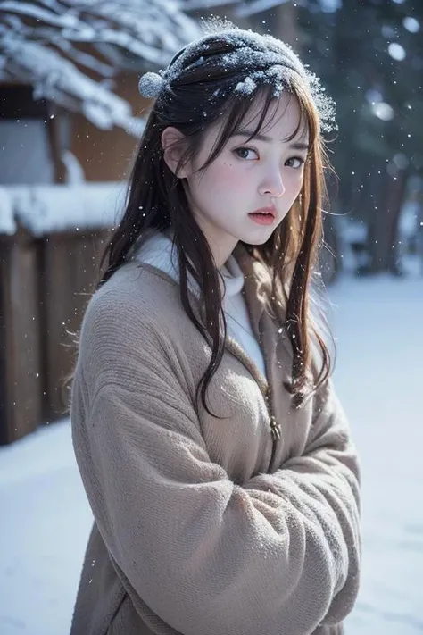 (8k, best quality, masterpiece, ultra highres:1.2) Photo of Pretty Japanese woman in the (style of paul rubens and rebecca guay:1.1) (melancholy winter snow:1.4)