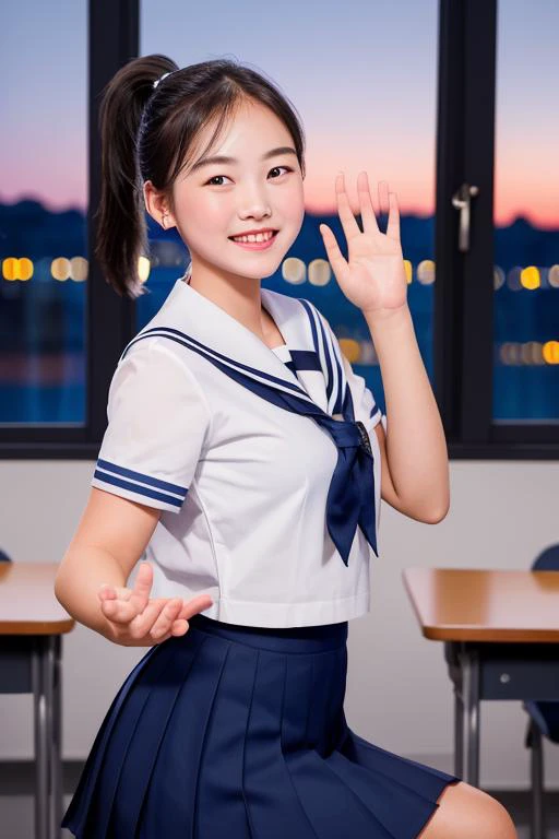 masterpiece, best quality, 1girl, beautiful face, wearing a sailor school uniform, high ponytail, smiling, waving her hands, in a classroom at night, beautiful gradient sky with stars, city nightscape from the window, RAW photo, photorealistic, realistic