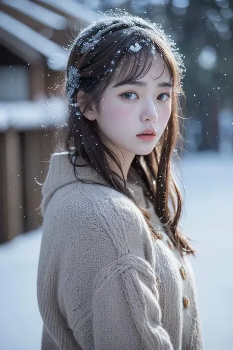 (8k, best quality, masterpiece, ultra highres:1.2) Photo of Pretty Japanese woman in the (style of paul rubens and rebecca guay:1.1) (melancholy winter snow:1.4)