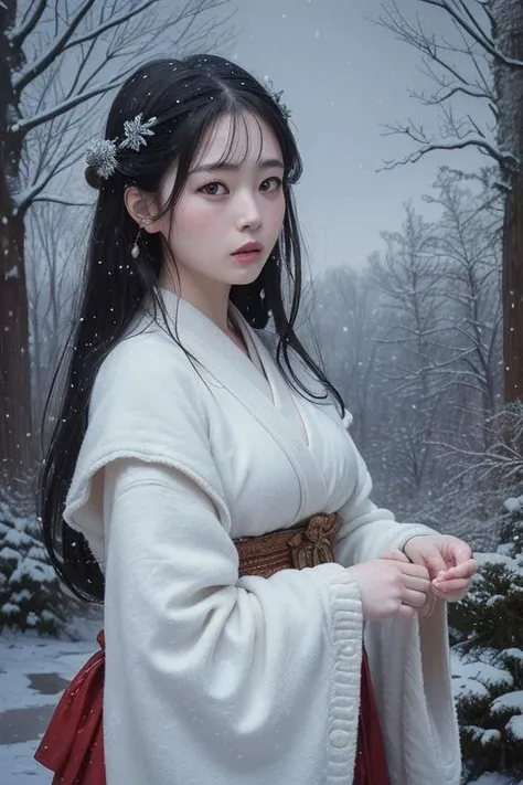 (8k, best quality, masterpiece, ultra highres:1.2) Photo of Pretty Japanese woman in the (style of paul rubens and rebecca guay:1.1) (melancholy winter snow:1.4)
