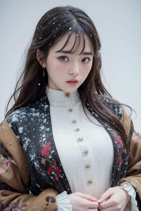 (8k, best quality, masterpiece, ultra highres:1.2) Photo of Pretty Japanese woman in the (style of paul rubens and rebecca guay:1.1) (melancholy winter snow:1.4)