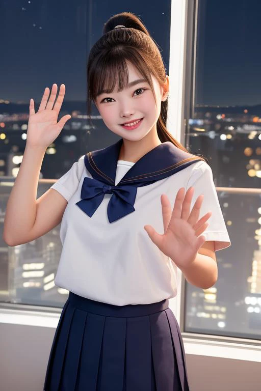 masterpiece, best quality, 1girl, beautiful face, wearing a sailor school uniform, high ponytail, smiling, waving her hands, in a classroom at night, beautiful gradient sky with stars, city nightscape from the window, RAW photo, photorealistic, realistic