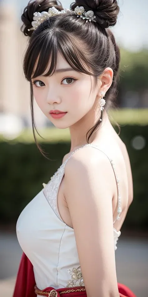 1girl,light smile,happy,((((upper body,real face photo,outdoor background,background blur)))),big eyes,analog style,physically-based rendering,ultra-detailed,professional lighting, photon mapping,(outdoor,bokeh),(RAW photo, best quality, masterpiece:1.3), (realistic, photo-realistic:1.3),detailed facial features,slim girl,tassel, innocent, bangs,(pureerosface_v1:0.35) ,(ulzzang-6500-v1.1:0.65),(flower_style:0.05),<lora:bridal_hairstyle:0.1>,(bridal hairstyle:1.25),(((looking at viewer,close in viewer))),<lora:weijin_hanfu:0.02>,(sexy cosplay style,shortest miniskirt,hanfu:1.25),ear ring,hair bow,hair ring,