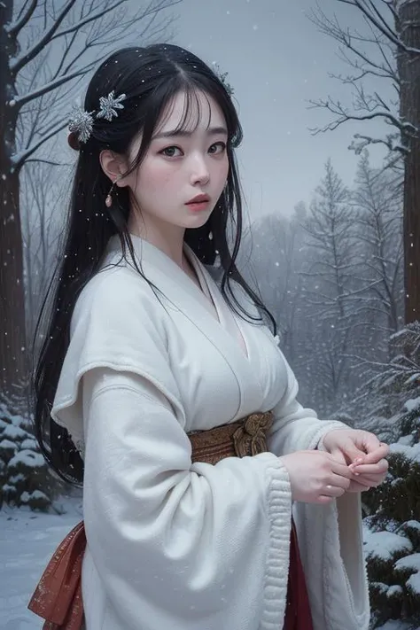 (8k, best quality, masterpiece, ultra highres:1.2) Photo of Pretty Japanese woman in the (style of paul rubens and rebecca guay:1.1) (melancholy winter snow:1.4)
