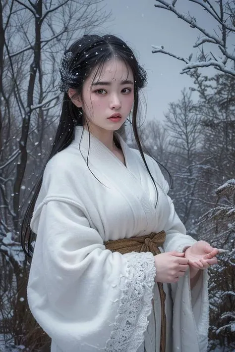 (8k, best quality, masterpiece, ultra highres:1.2) Photo of Pretty Japanese woman in the (style of paul rubens and rebecca guay:1.1) (melancholy winter snow:1.4)