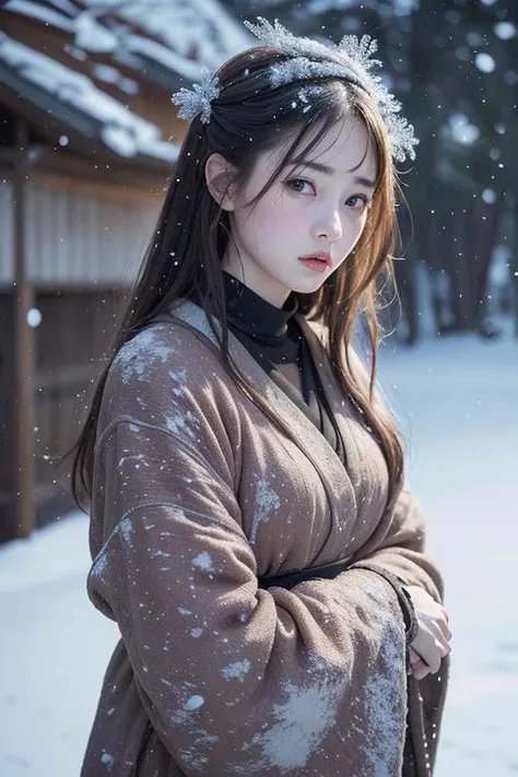 (8k, best quality, masterpiece, ultra highres:1.2) Photo of Pretty Japanese woman in the (style of paul rubens and rebecca guay:1.1) (melancholy winter snow:1.4)