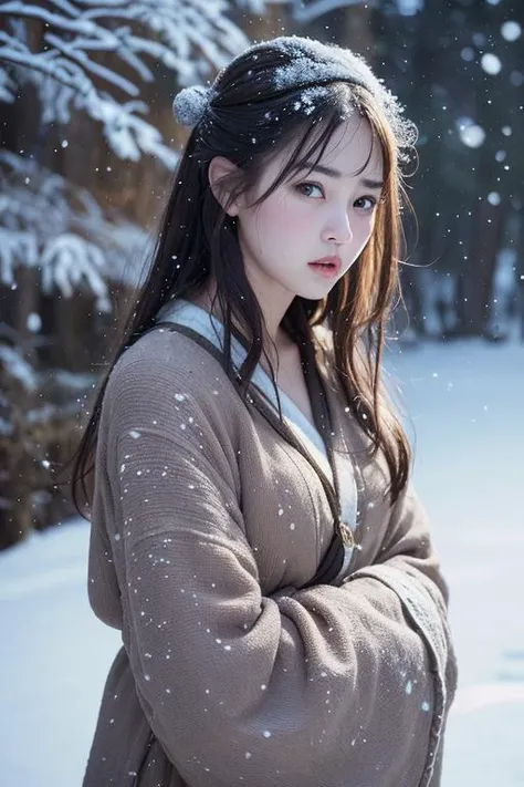 (8k, best quality, masterpiece, ultra highres:1.2) Photo of Pretty Japanese woman in the (style of paul rubens and rebecca guay:1.1) (melancholy winter snow:1.4)