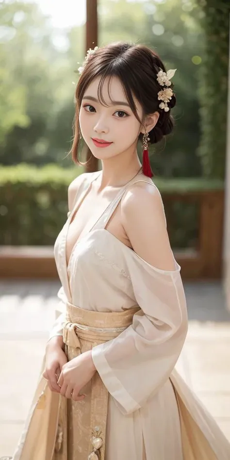 (looking at viewer,close in viewer:1.6),cleavage,small breasts,(beauty hair,ostentatious hair accessories,gorgeous hair accessories,light smile:1.15),1girl,light smile,happy,((((upper body,real face photo,indoor background,has window,background blur)))),big eyes,analog style,physically-based rendering,ultra-detailed,professional lighting, photon mapping,(outdoor,bokeh),(RAW photo, best quality, masterpiece:1.3), (realistic, photo-realistic:1.3),detailed facial features,slim girl,tassel, innocent, bangs,(pureerosface_v1:0.55) ,(ulzzang-6500-v1.1:0.75),(flower_style:0.05),<lora:bridal_hairstyle-10:0.1>,(bridal hairstyle:1.15),ear ring,hair bow,hair ring,bare shoulders, bare abdomen,cosplay style,(deep-V style hanfu with miniskirt:1.25),silk style,slim waist,a littie naked,narrow miniskirt,<lora:Song_HanFu:0.09>,<lora:tang_hanfu:0.09>, <lora:hanfu_v29:0.1>,<lora:hanfu_v28:0.1>,<lora:hanfu_v30:0.11>,<lora:hanfuMing30:0.1>,<lora:hanfuChineseWeddingDressWomen_v15:0.11>,(sexy pose),more colorful clothes,(look at viewer,real face photo:1.1),naked body with hanfu,more naked style,