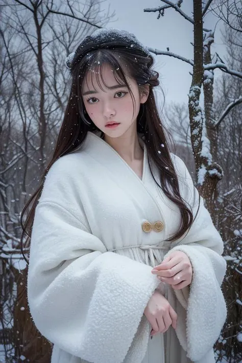 (8k, best quality, masterpiece, ultra highres:1.2) Photo of Pretty Japanese woman in the (style of paul rubens and rebecca guay:1.1) (melancholy winter snow:1.4)