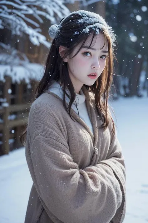 (8k, best quality, masterpiece, ultra highres:1.2) Photo of Pretty Japanese woman in the (style of paul rubens and rebecca guay:1.1) (melancholy winter snow:1.4)