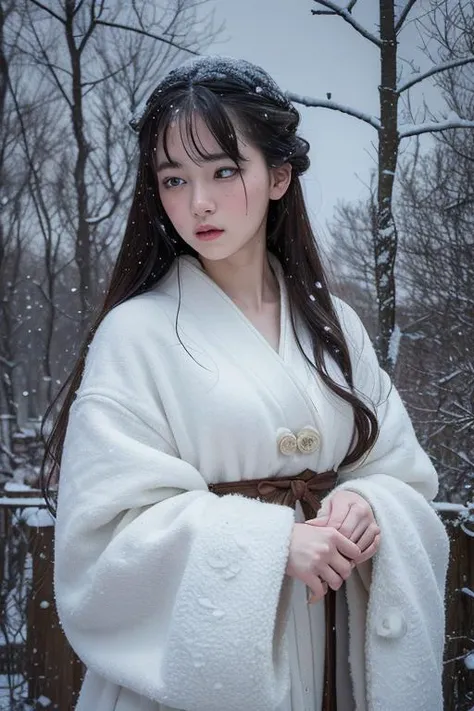 (8k, best quality, masterpiece, ultra highres:1.2) Photo of Pretty Japanese woman in the (style of paul rubens and rebecca guay:1.1) (melancholy winter snow:1.4)
