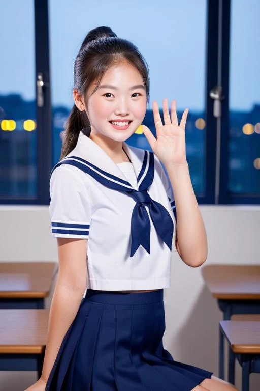 masterpiece, best quality, 1girl, beautiful face, wearing a sailor school uniform, high ponytail, smiling, waving her hands, in a classroom at night, beautiful gradient sky with stars, city nightscape from the window, RAW photo, photorealistic, realistic