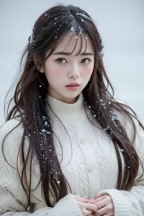 (8k, best quality, masterpiece, ultra highres:1.2) Photo of Pretty Japanese woman in the (style of paul rubens and rebecca guay:1.1) (melancholy winter snow:1.4)