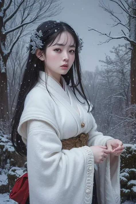 (8k, best quality, masterpiece, ultra highres:1.2) Photo of Pretty Japanese woman in the (style of paul rubens and rebecca guay:1.1) (melancholy winter snow:1.4)