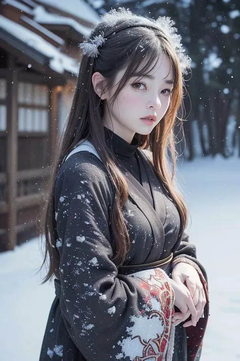 (8k, best quality, masterpiece, ultra highres:1.2) Photo of Pretty Japanese woman in the (style of paul rubens and rebecca guay:1.1) (melancholy winter snow:1.4)