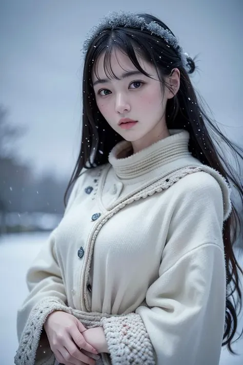 (8k, best quality, masterpiece, ultra highres:1.2) Photo of Pretty Japanese woman in the (style of paul rubens and rebecca guay:1.1) (melancholy winter snow:1.4)