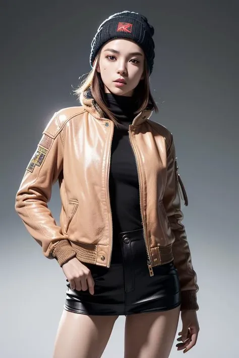 ( (8k:1.27), best quality, masterpiece, ultra highres:1.2) Photo of Pretty Japanese woman (beautiful:1.1) (sci-fi warrior woman:1.1) space soldier, (beanie:1.61) (leather jacket:1.21) intricate elegant, fantasy, detailed, ometric by greg rutkowski and alphonse mucha, gradient lighting