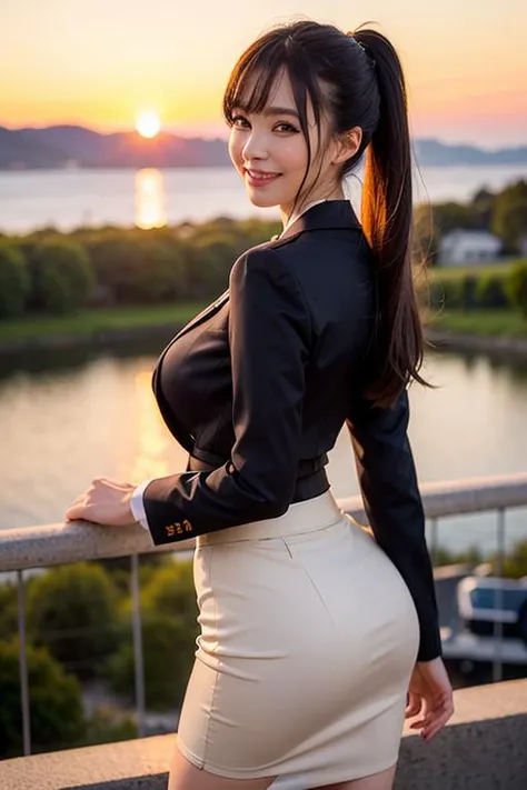 (realistic, photo-realistic:1.37), (masterpiece), (best quality:1.4), (ultra high res:1.2),(RAW photo:1.2), (sharp focus:1.3), (face focus:1.2), elegant, (full body:1.2), (1 girl wearing detailed pencil-skirt and suit-jacket:1.3), (office lady), professionattire, high heels, (33yo:1.1), (happy smile:1.3), (shine hair:1.3), [ponytail], BREAK,
(huge breast), scenery, (Beautiful Sunset background:1.2), from behind, backshot, bangs, beautiful detailed eyes, looking at viewer, (cute), (no makeup)