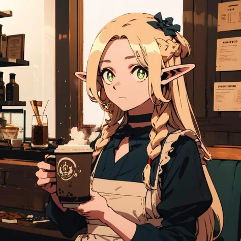masterpiece,best quality,1girl,solo,marcillessa,<lora:Dungeon_Marcille_SSA_V1:1>,detailed and beautiful eyes,cowboy shot,
coffee cup, coffee, coffee_shop,maid