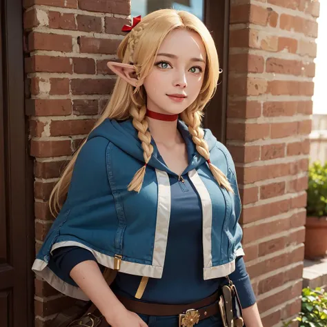 masterpiece,best quality,1girl,solo,marcillessa,red choker,(hair ribbon:1.1),<lora:Dungeon_Marcille_SSA_V1:1>,detailed and beautiful eyes,(cowboy shot:1.5),
looking to the side,smile,looking away,brick wall,wall,hood down,sweat,collarbone,hooded capelet,capelet,