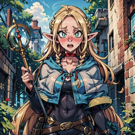 masterpiece,best quality,1girl,solo,marcillessa,red choker,<lora:Dungeon_Marcille_SSA_V1:1>,detailed and beautiful eyes,cowboy shot,fisheye,
marcillessa,1girl,blush,solo,open mouth,staff,holding,sweatdrop,sweat,plant,bangs,teeth,surprised,holding staff,anime coloring,blurry,upper teeth only,brick wall,wall,outdoors,looking to the side,looking away,hooded capelet,hood down,capelet,