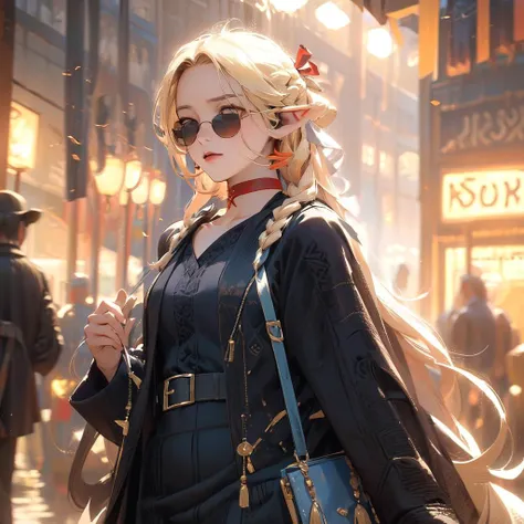 masterpiece,best quality,1girl,solo,marcillessa,red choker,hair ribbon,<lora:Dungeon_Marcille_SSA_V1:1>,detailed and beautiful eyes,(cowboy shot:1.2),
(spy:1.2),(sunglasses:1.3),lurk,at night,(mansion:1.1),the entrance to the mansion,