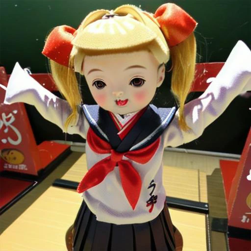 <lyco:Japanese doll:0.8>Japanesedoll, doll, 
dancing, school uniform, blonde hair, gyaru, summer uniform, twintails,