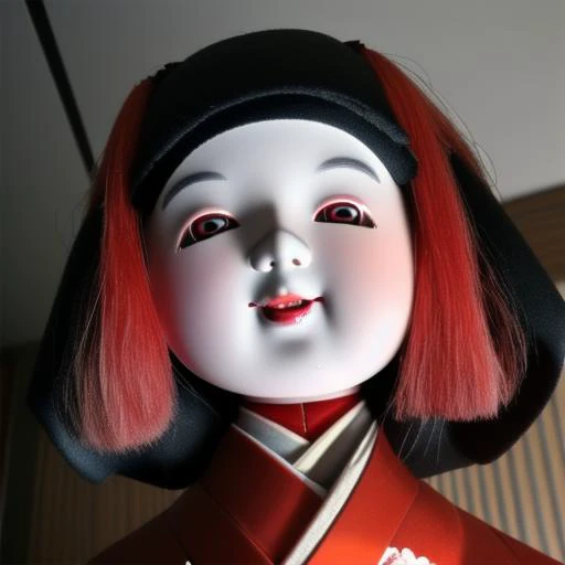 <lyco:Japanese doll:0.6>Japanesedoll, doll, 
evil smile, from below, 
dark room, close-up, face,