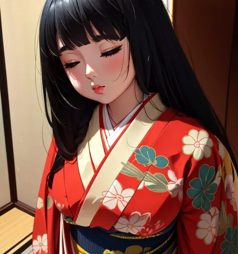 masterpiece, best quality, official art, highres, volumetic lighting, cinematic lighting, extremely detailed, sharp details, sharp focus, best lighting, 1girl, black hair, long hair, blunt bangs, curvy body, perfect anatomy, glossy lips, looking at viewer  <lora:Japanese doll:0.6> Japanesedoll, doll, kimono, portrait, half closed eyes