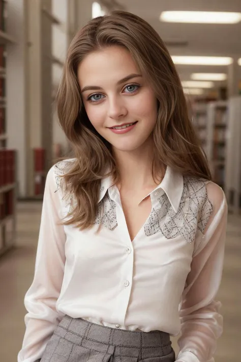 50mm f1.2, masterpiece photograph of
cute 19 year old j <lora:AliciaSilverstoneDogu:1> flirty smile, eye contact
wearing see-through white silk blouse, grey tweed wool skirt
, detailed glossy eyes, sharp focus, hyper-detailed,
university library interior