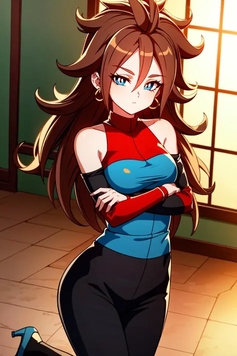 <lora:OGT_Android21_Vomi-v2:0.7> Android 21, 1girl, solo, long hair, brown hair, curly hair, auburn hair, medium breasts, dress, checkered clothes, red and blue checkered dress, shoulderless dress, bare shoulders, detacted sleeves, jewelry, earrings, breasts, hoop earrings, beautifully detailed blue eyes, black pupils, black leggings, leggings, asymmetrical footwear, high heels, mismatched footwear, blue footwear, red footwear, boots, adorable, indoors, ((masterpiece)), ((Best Quality)), ((Extremely Detailed)), ((Ultra Quality)), ((8k))