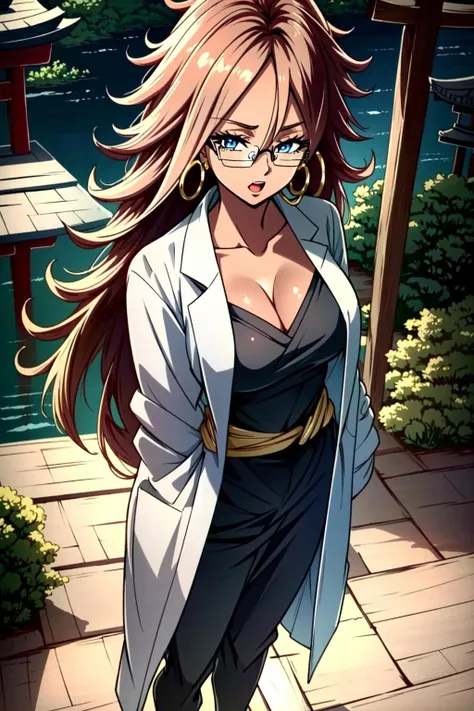<lora:Android 21 Vomi:1> Android 21, Vomi, 1girl, android 21, solo, checkered dress, blue eyes, checkered clothes, dress, hoop earrings, earrings, jewelry, glasses, breasts, pantyhose, long hair, red hair, labcoat, simple background, open mouth, looking at viewer, hair between eyes, medium breasts, ((shining face, shining body)), perfect face, make up, eye shadow, ((gorgeous)), Extremely beautiful, perfect, (masterpiece:1.2), (best quality:1.2), cinematic, perfect skin, perfect lighting, textured skin, detail, beauty, overall, hour glass body, sharp focus, ultra-detailed, illustration, perfect face, ((gorgeous)), Extremely beautiful, perfect, detailed background, seductive, alluring, Standing in Japanese Shrine Garden, ((Shonen Style)), (detailed background, intricate background:1.1), beautiful ((Extremely Detailed)), ((Best Quality)), ((Masterpiece)), ((4k))
